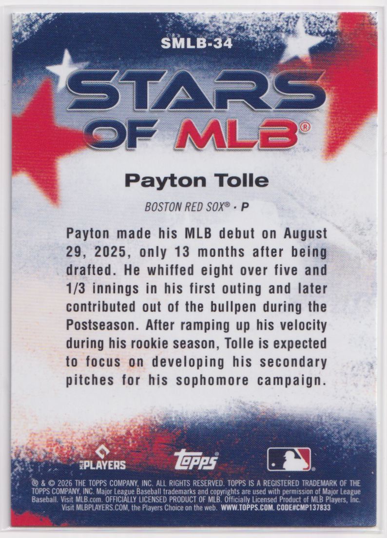 2026 Topps Stars of MLB SMLB-34 Payton Tolle
