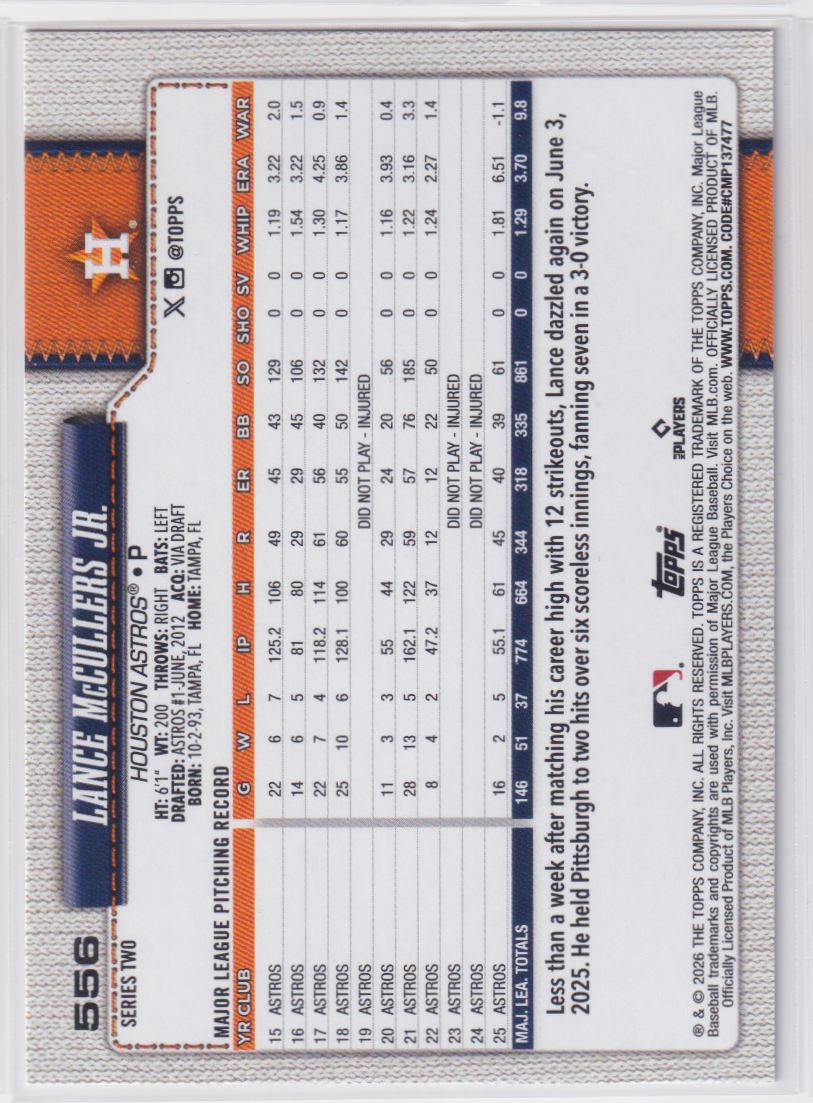 2026 Topps Rainbow Foil 556 Lance McCullers Jr