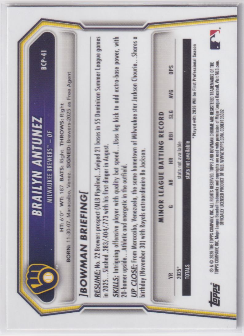 2026 Bowman Chrome Prospects BCP-41 Brailyn Antunez