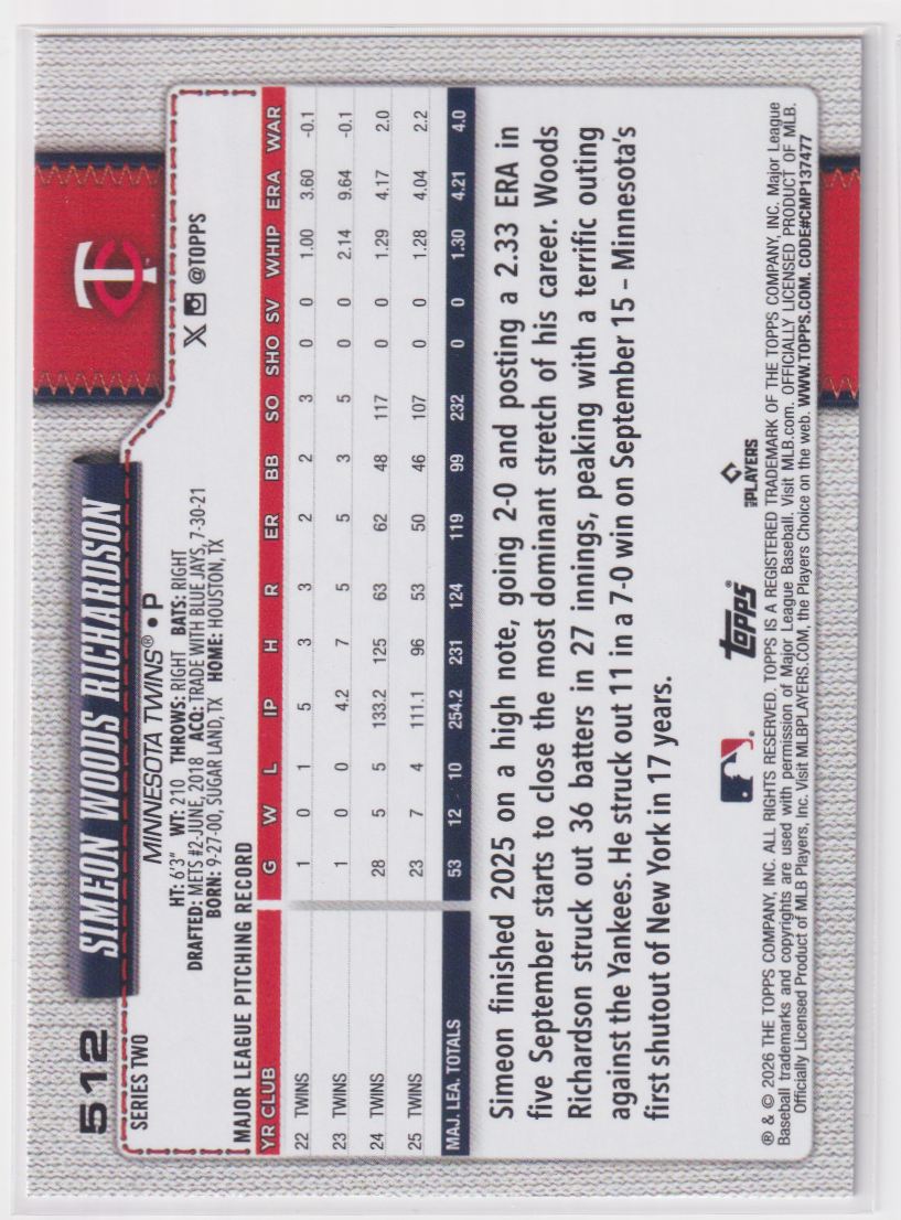 2026 Topps Rainbow Foil 512 Simeon Woods Richardson