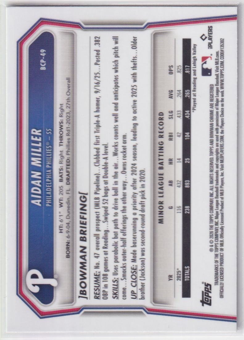 2026 Bowman Chrome Prospects BCP-49 Aidan Miller