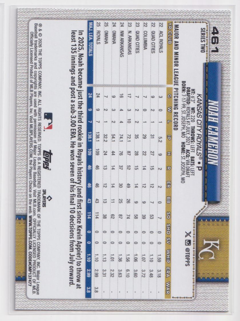 2026 Topps Diamante Foil 461 Noah Cameron