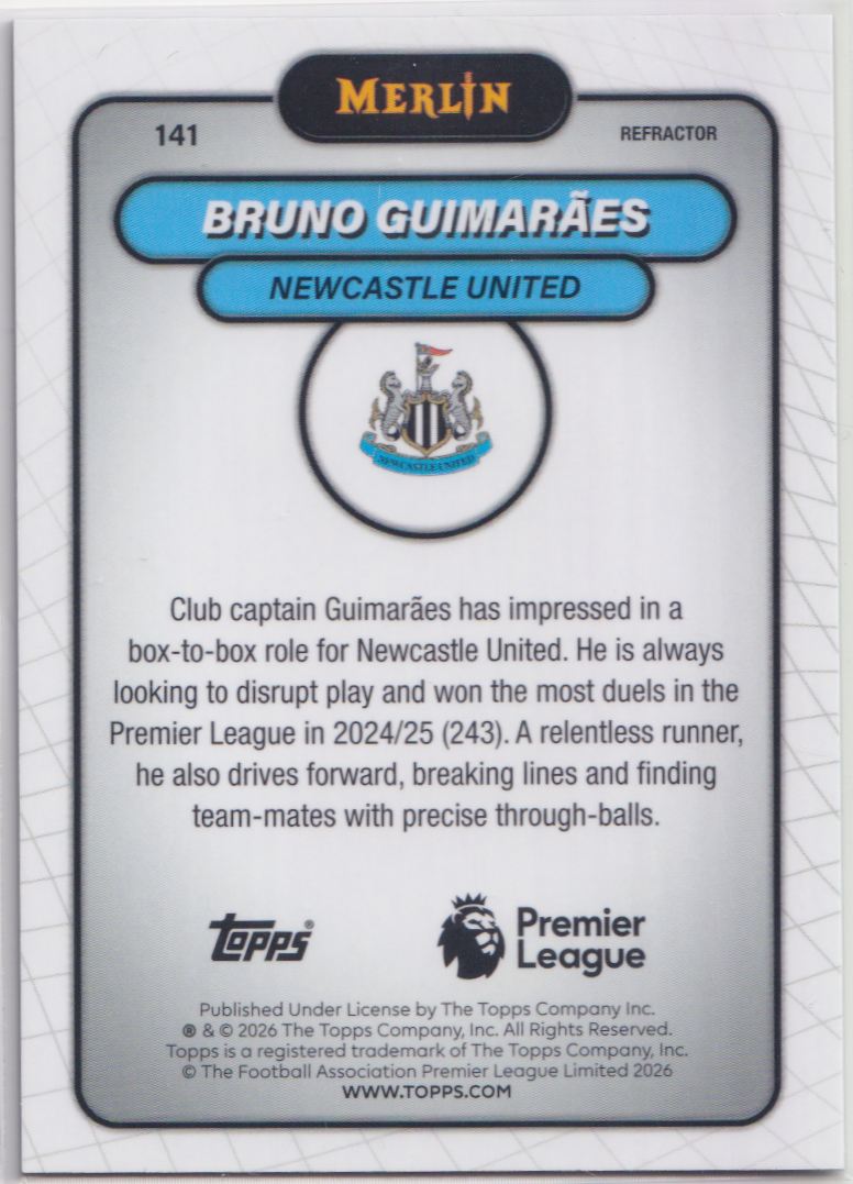 2026 Topps Chrome Premier League Refractor 141 Bruno Guimaraes