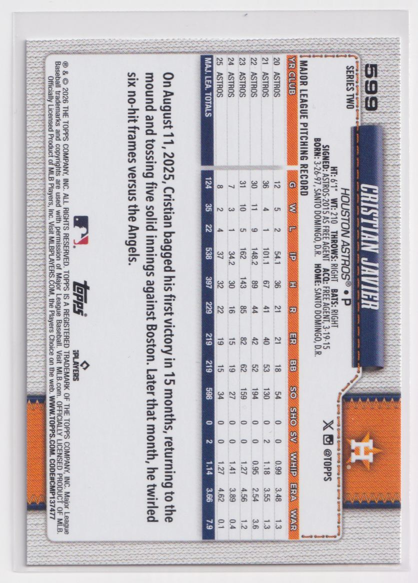 2026 Topps Diamante Foil 599 Cristian Javier
