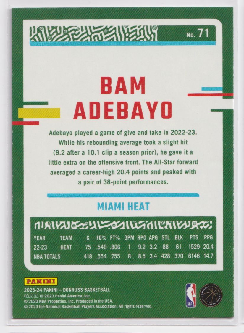 2023 Donruss Green Laser Holo 71 Bam Adebayo