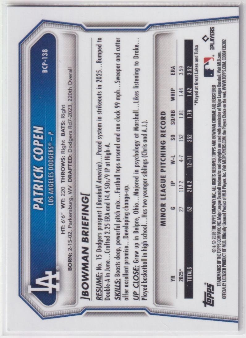 2026 Bowman Chrome Prospects BCP-138 Patrick Copen