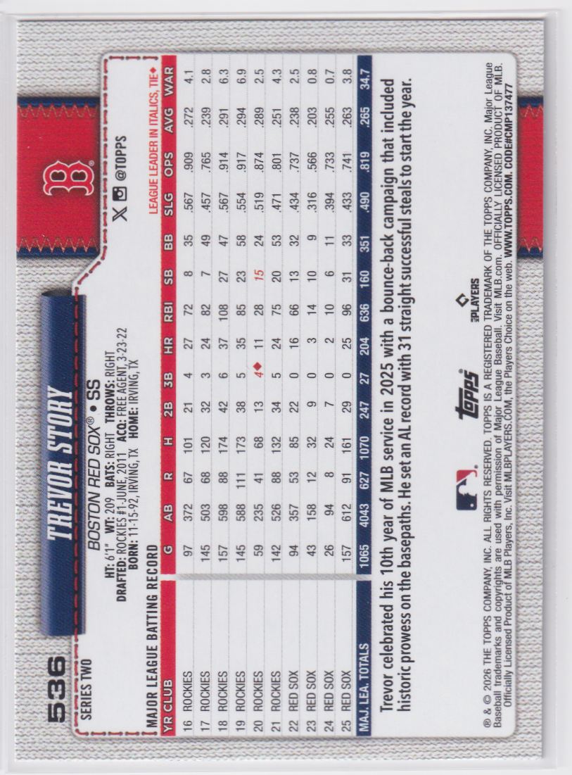 2026 Topps Rainbow Foil 536 Trevor Story